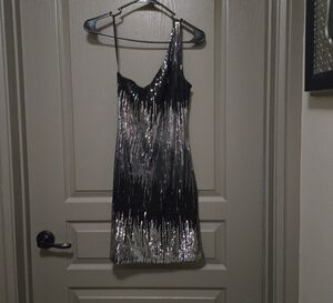One Shoulder Black and Silver Sequin Dress